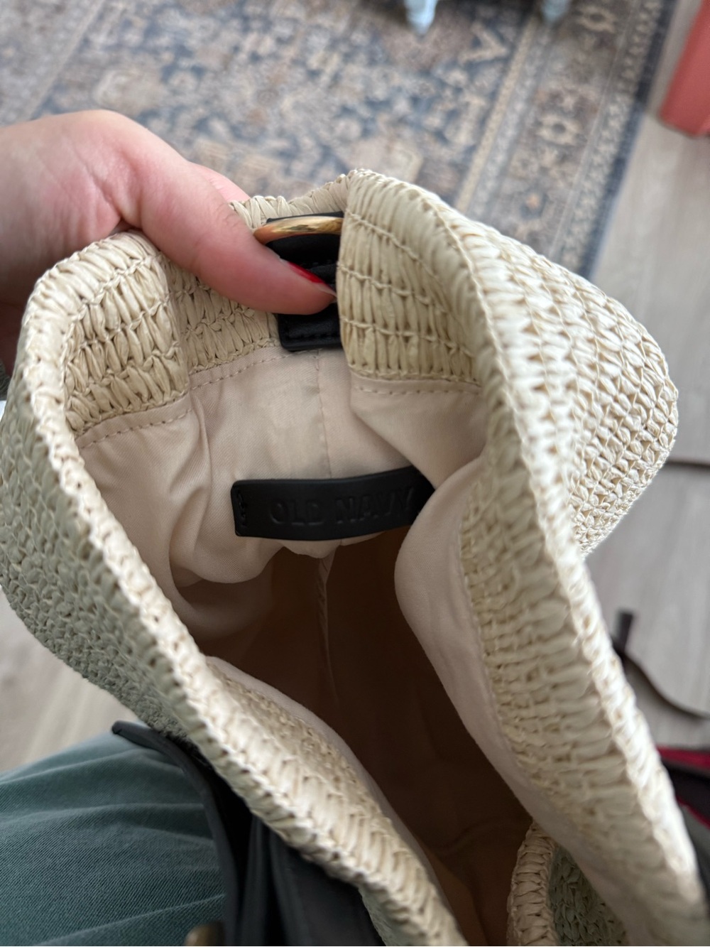 Old Navy Natural Straw Tote with Black Strap and Gold Buckle - Picture 3 of 5
